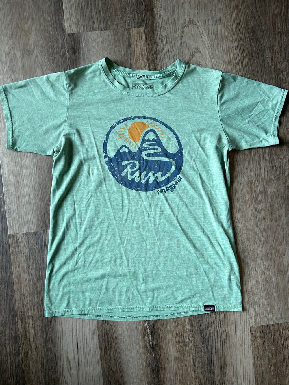 Patagonia Capilene Cool Daily Graphic Tee Women Small Gypsum Green Run Mountain